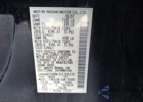 2008 Nissan Titan Xe z USA, uszkodzony, nr VIN 1N6AA07G08N323920